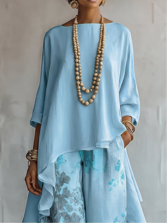 Léa | Ensemble Top Asymétrique en Mousseline et Pantalon Fleuri