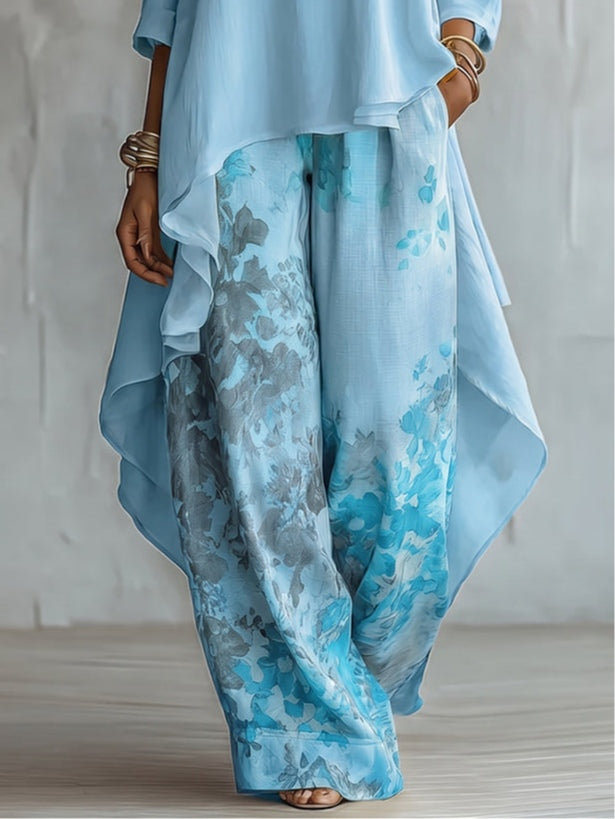 Léa | Ensemble Top Asymétrique en Mousseline et Pantalon Fleuri
