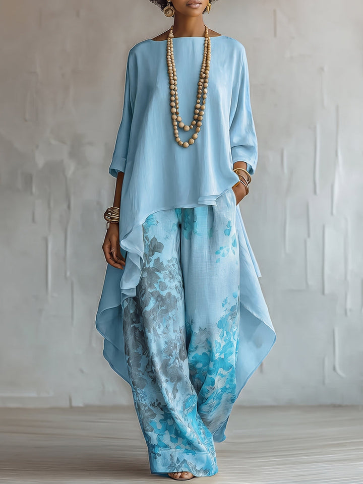 Léa | Ensemble Top Asymétrique en Mousseline et Pantalon Fleuri