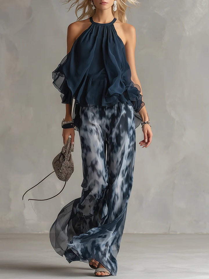 Juliette | Ensemble Top Halter en Mousseline et Pantalon Large Imprimé