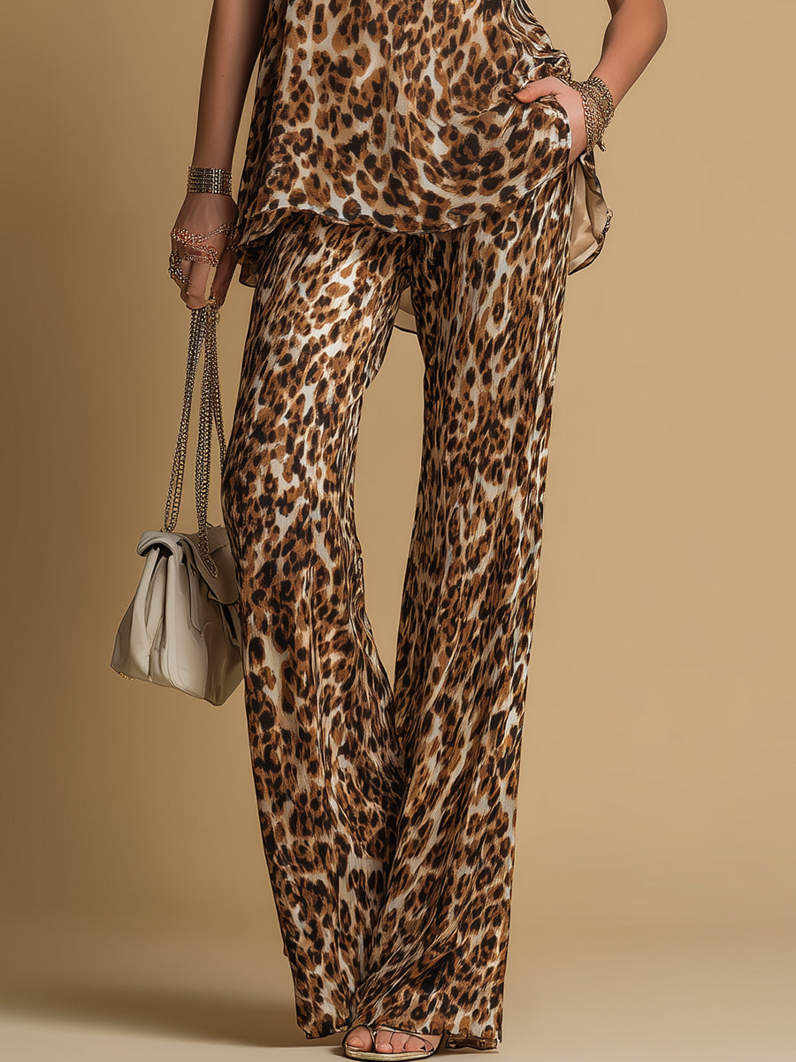 Amandine | Ensemble Top Sans Manches à Imprimé Léopard et Pantalon Évasé