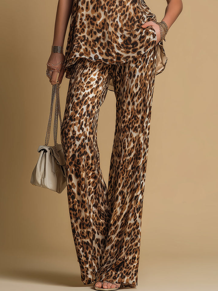 Amandine | Ensemble Top Sans Manches à Imprimé Léopard et Pantalon Évasé