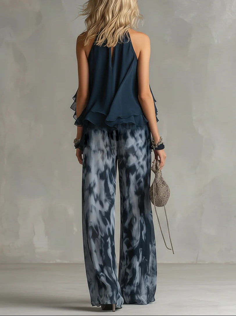 Juliette | Ensemble Top Halter en Mousseline et Pantalon Large Imprimé