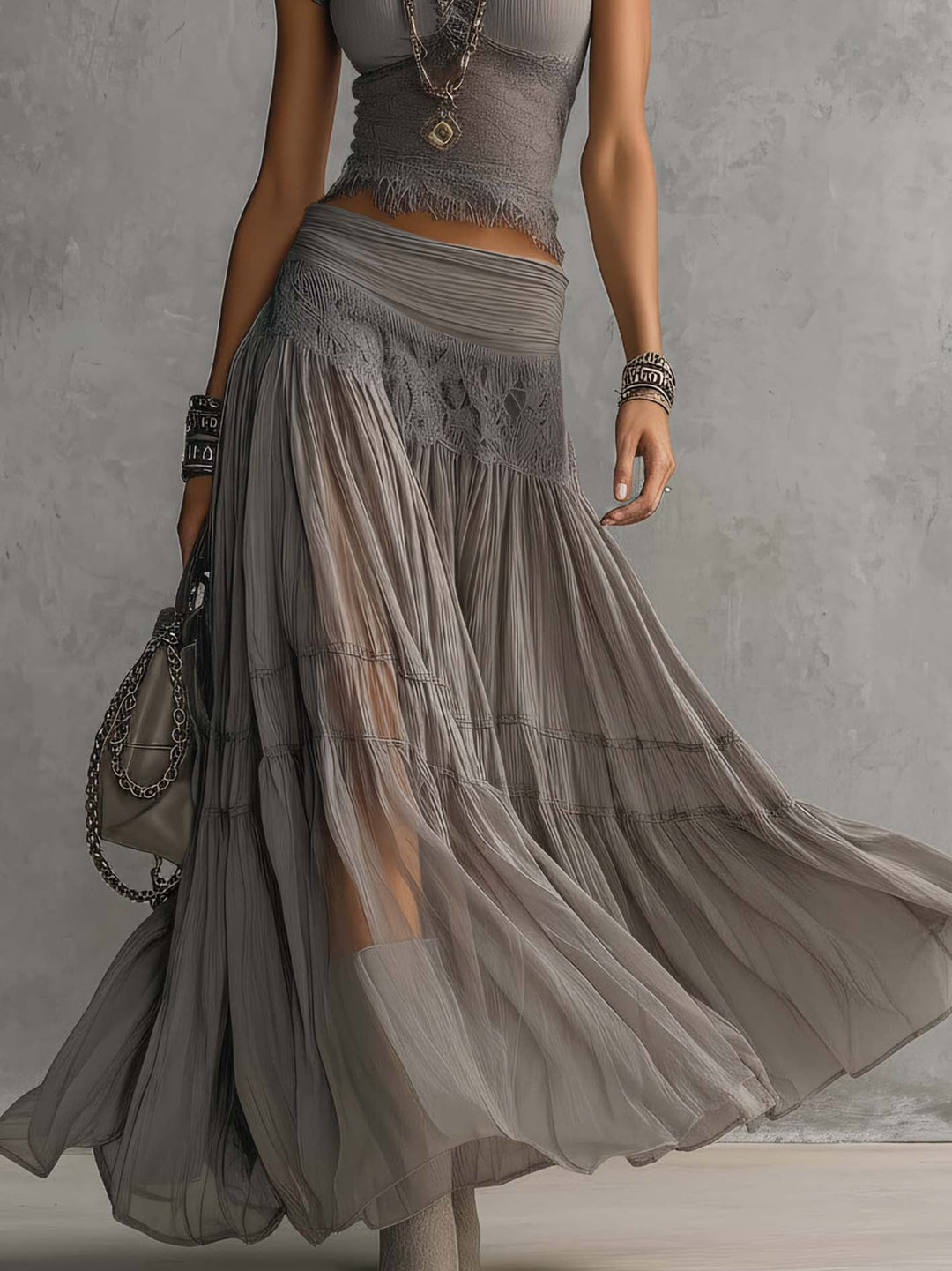 Céline | Ensemble Top Transparent en Dentelle et Jupe Maxi Plissée