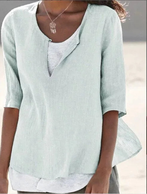 Blouse d’Été Femme Décontractée à Superpositions – Col V Coupe Ample