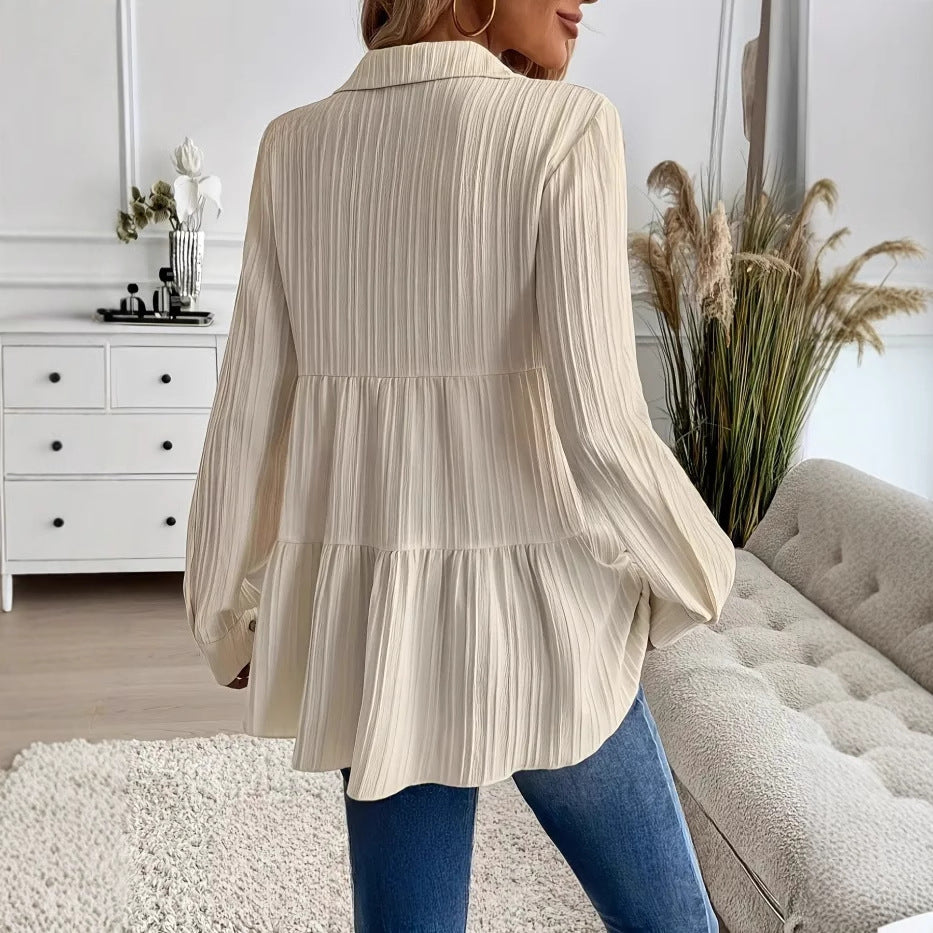 Femme Chemisier à Coupe Décontractée – Chemise à Manches Longues en Mélange de Coton Doux
