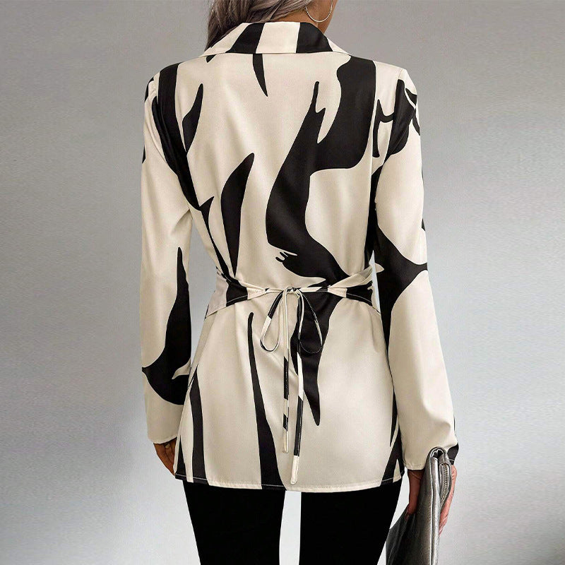 Femme Chemise élégant à col en V contrasté noir et blanc – Blouse à manches longues