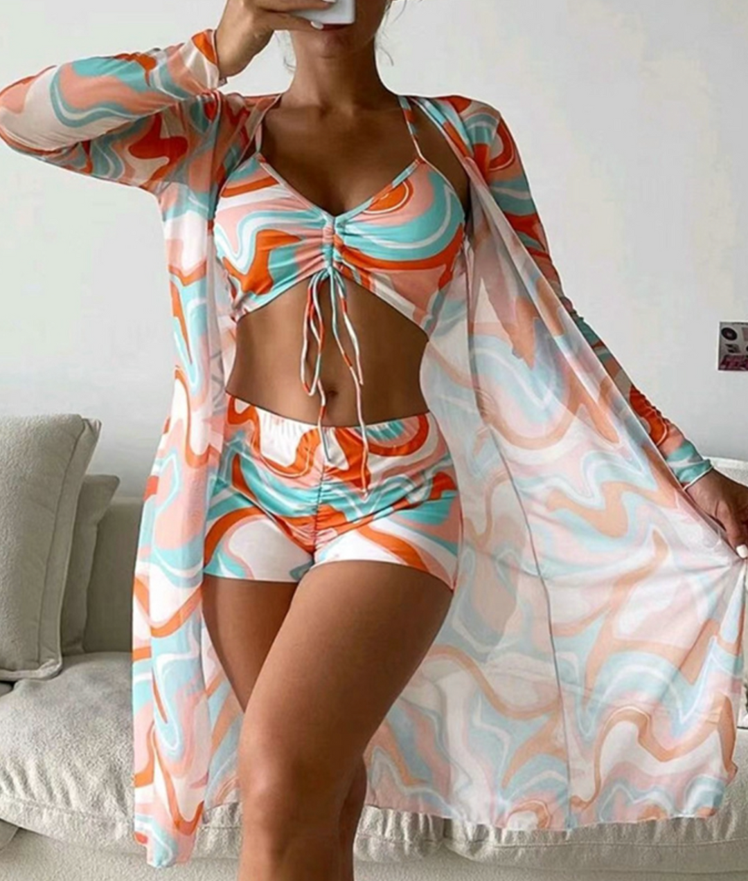 Ensemble de bain 3 pièces pour femme avec haut froncé, shorty imprimé et kimono léger assorti