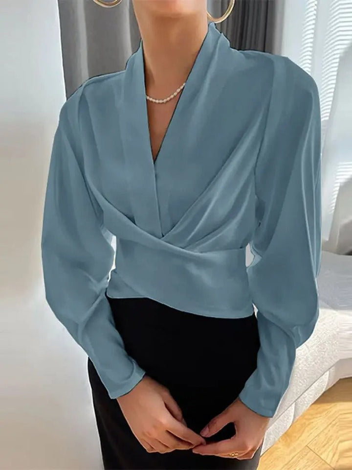 Chemisier cache-cœur élégant à col en V pour femme – Manches longues bouffantes
