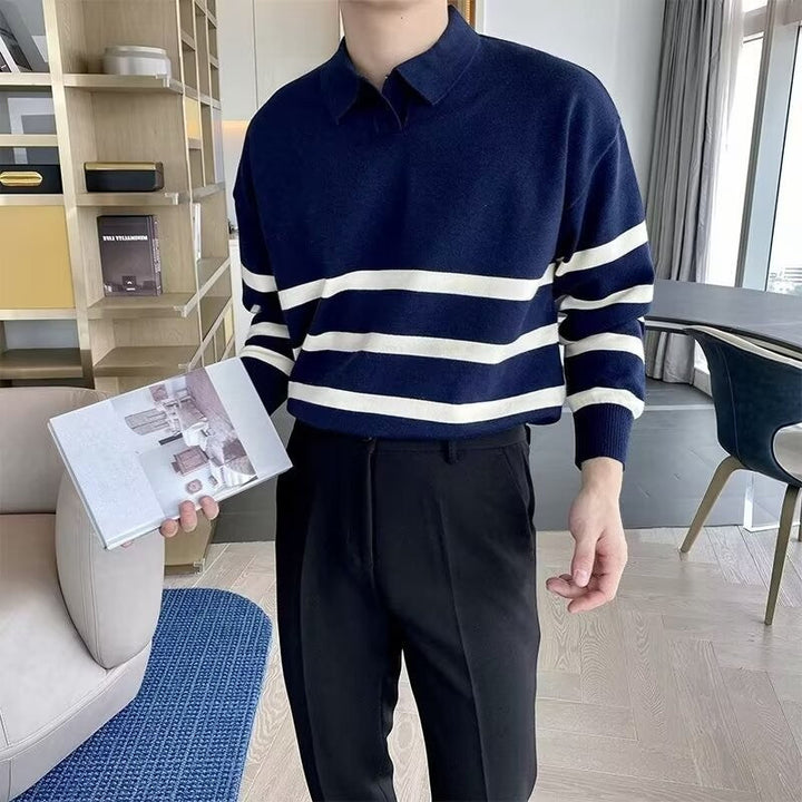Polo Homme Coton Mélangé – Polo Manches Longues Rayures Contrastées