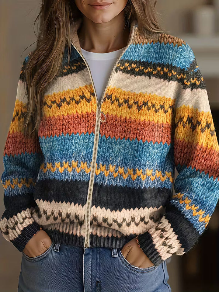 Yseult™ | Cardigan à rayures zigzag multicolores en tricot