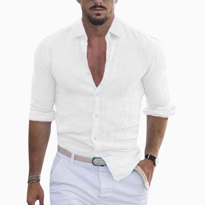 Alessio chemise homme en lin manches longues col ouvert style casual