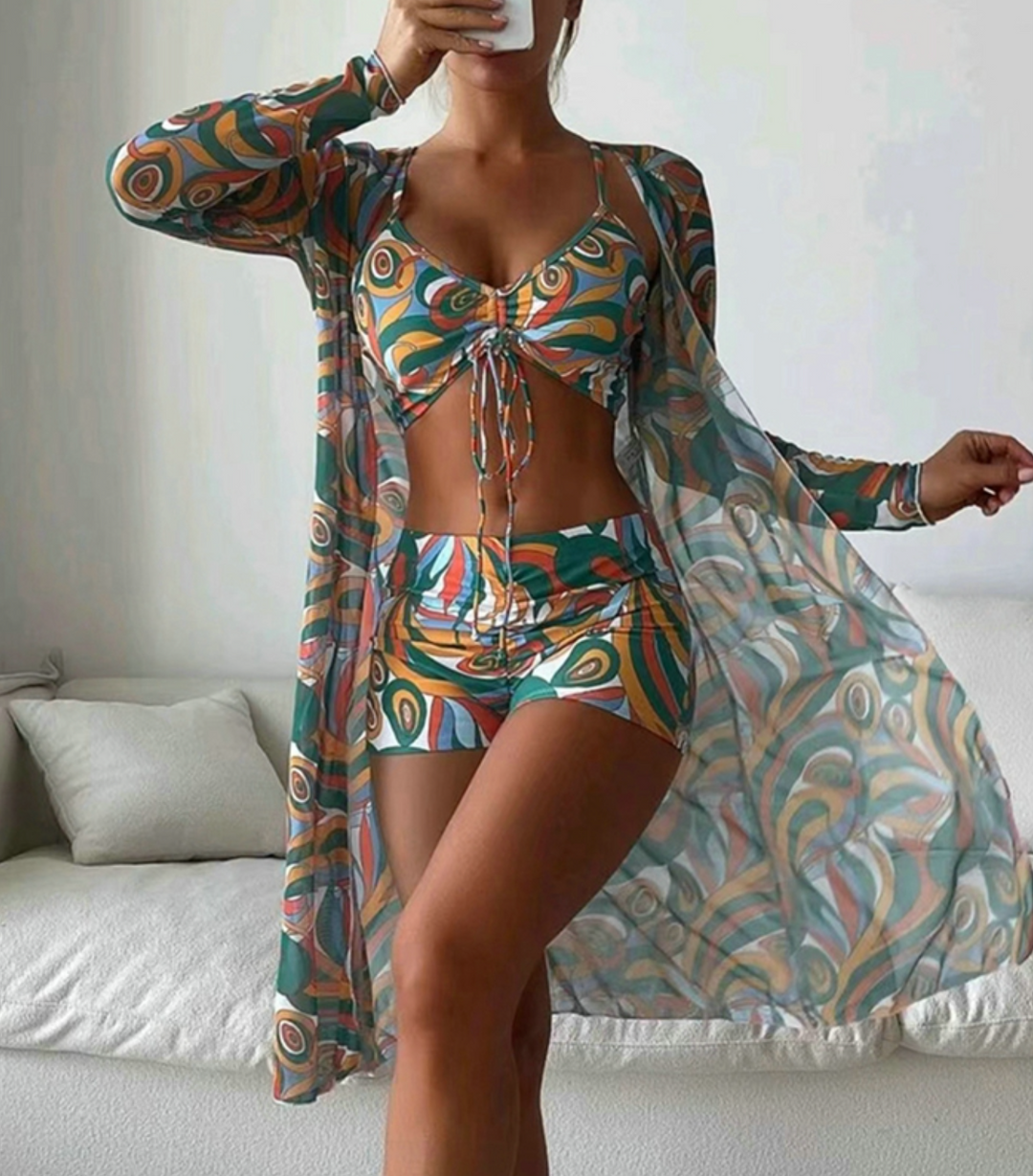 Ensemble de bain 3 pièces pour femme avec haut froncé, shorty imprimé et kimono léger assorti