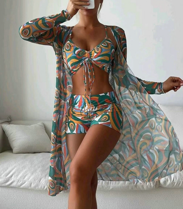 Ensemble de bain 3 pièces pour femme avec haut froncé, shorty imprimé et kimono léger assorti