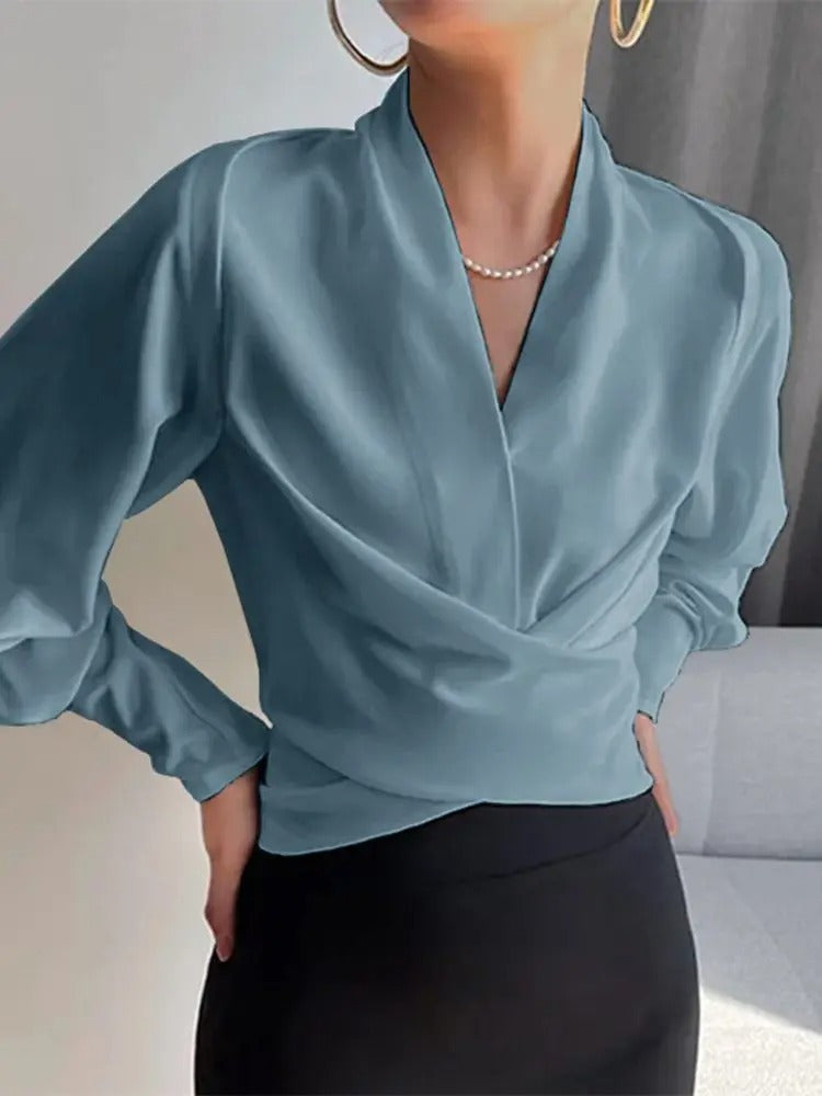 Chemisier cache-cœur élégant à col en V pour femme – Manches longues bouffantes