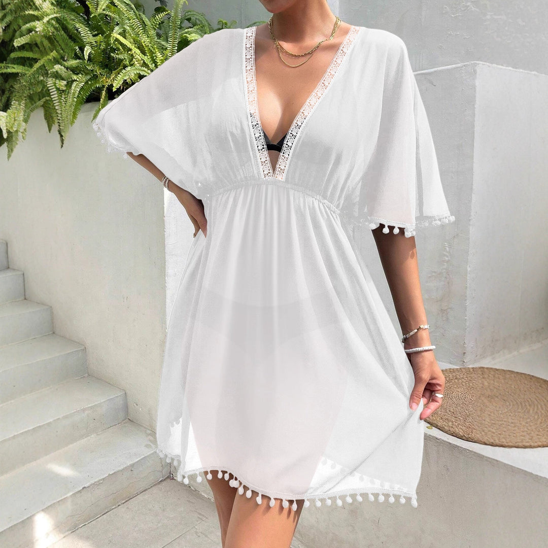 Robe Femme Style Plage avec Patchwork en Dentelle – Cache-Maillot à Col V et Taille Cintrée