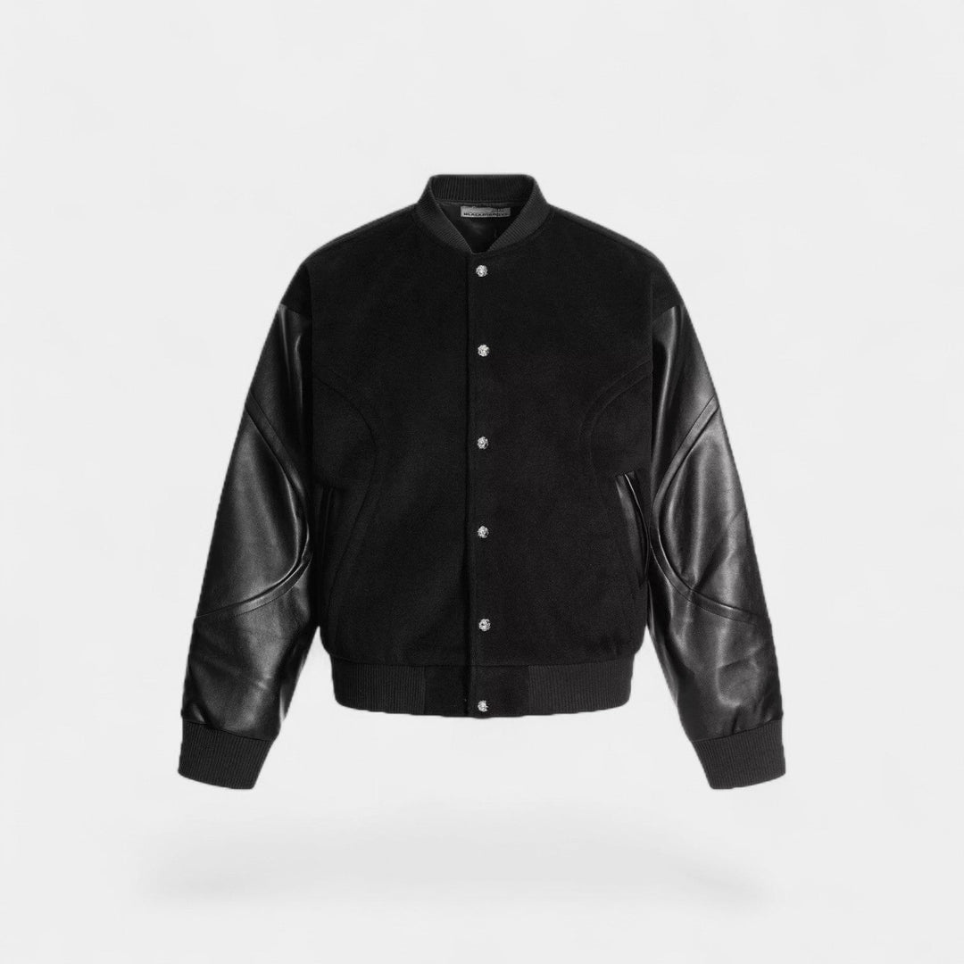 Blouson Bomber Homme Laine &amp; Cuir – Élégance Raffinée