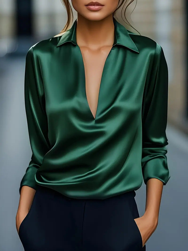 Blouse Femme Stylée Aspect Satin – Haut Décontracté Polyvalent à Col V