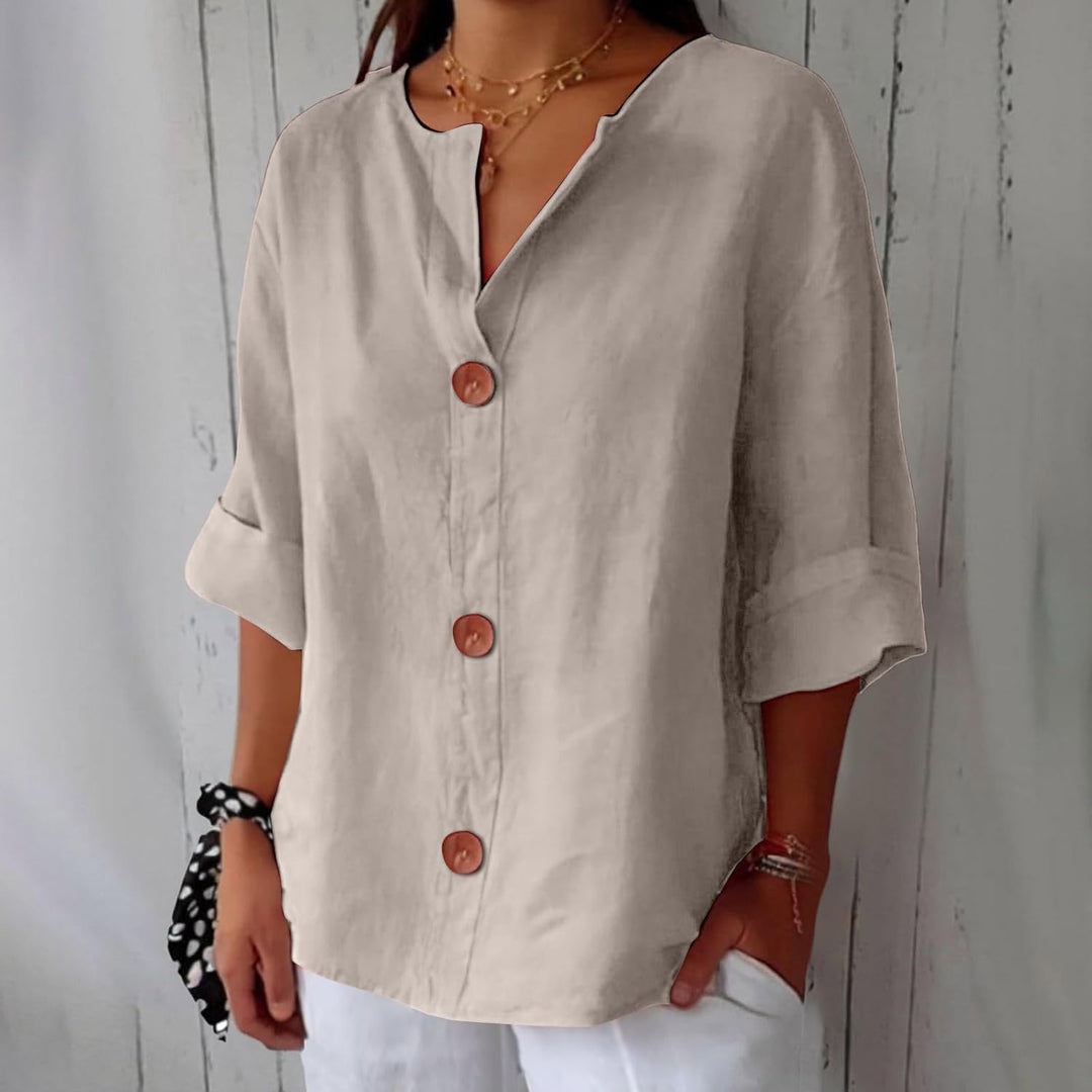 Blouse Gretel en lin beige boutonnée col tunisien
