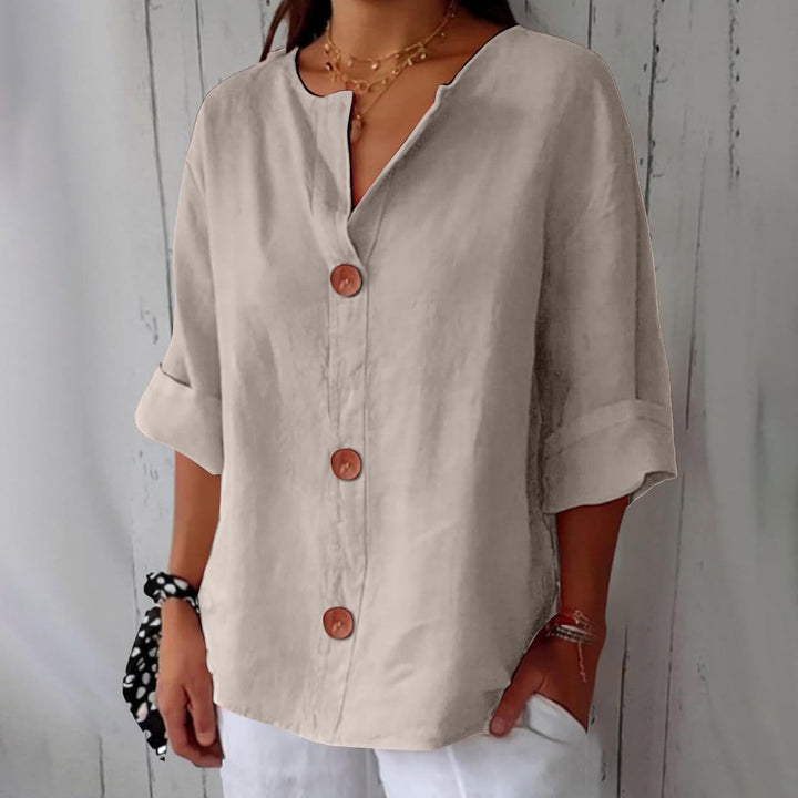 Blouse Gretel en lin beige boutonnée col tunisien