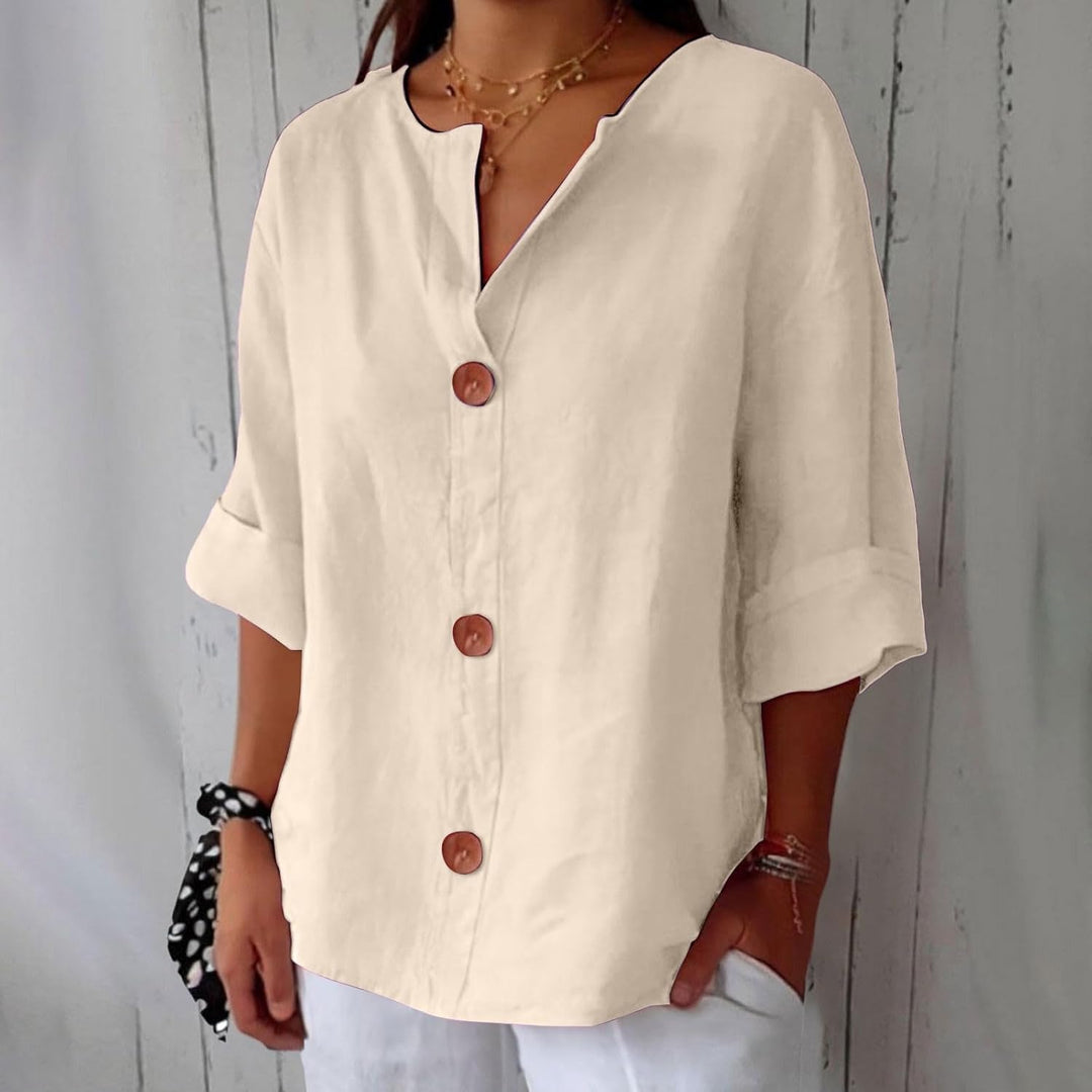 Blouse Gretel en lin beige boutonnée col tunisien