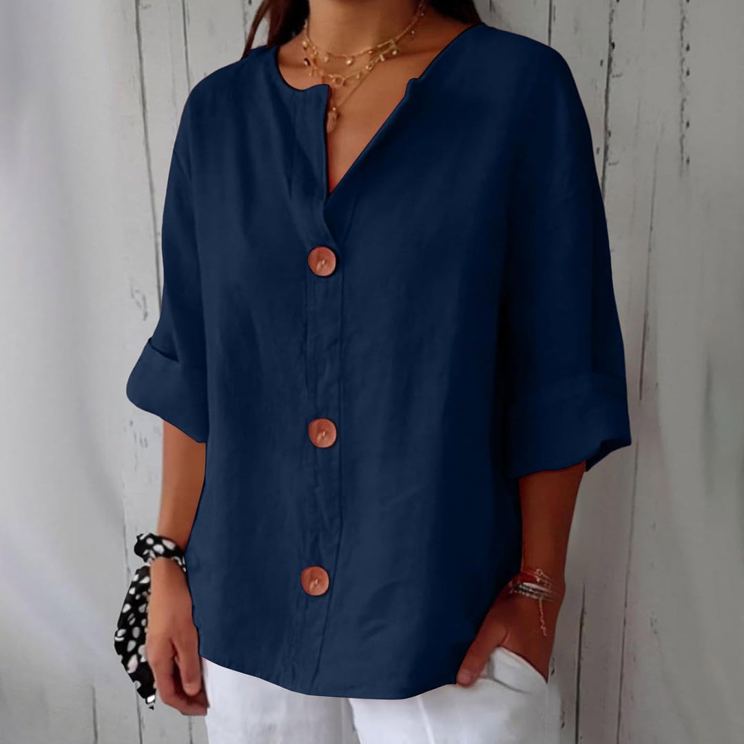 Blouse Gretel en lin beige boutonnée col tunisien