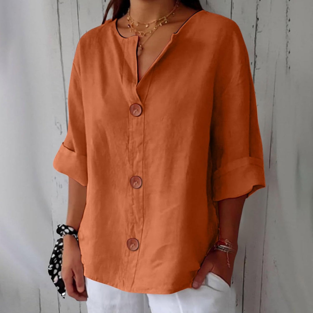 Blouse Gretel en lin beige boutonnée col tunisien