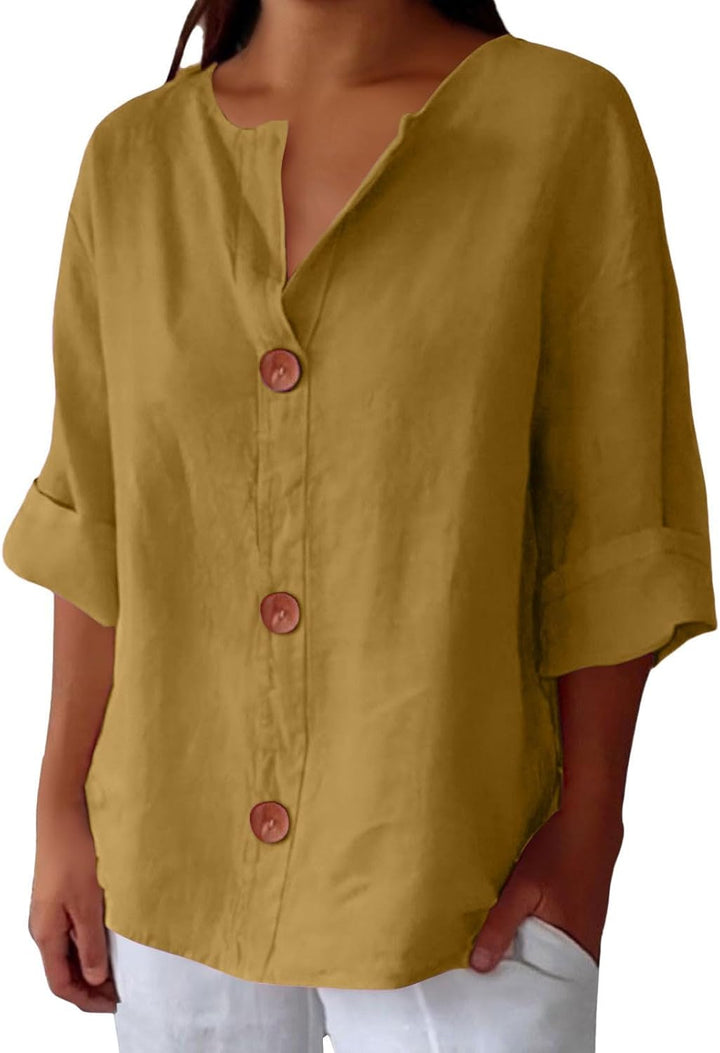 Blouse Gretel en lin beige boutonnée col tunisien