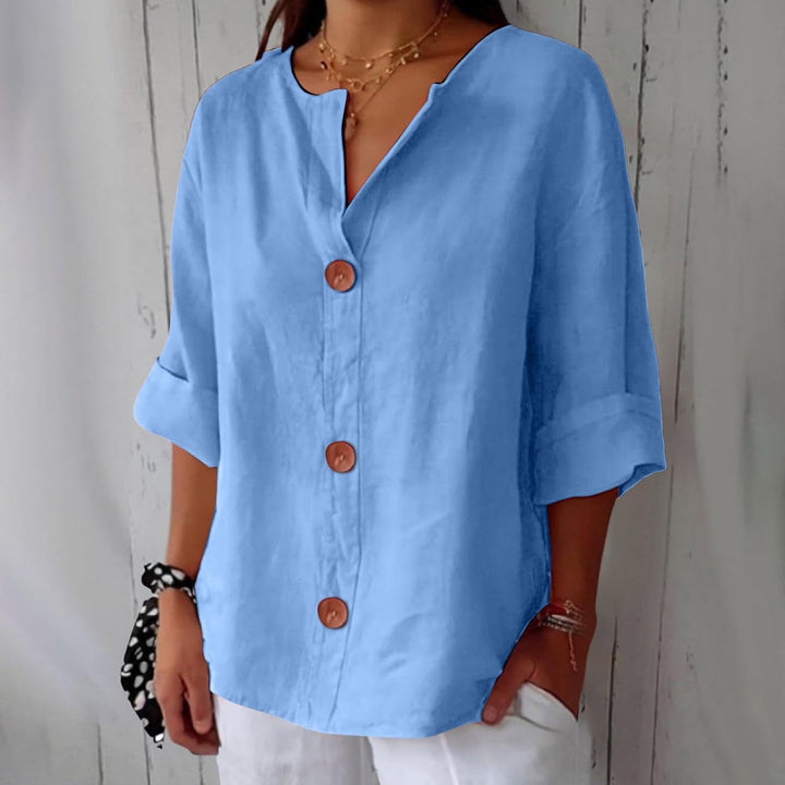 Blouse Gretel en lin beige boutonnée col tunisien
