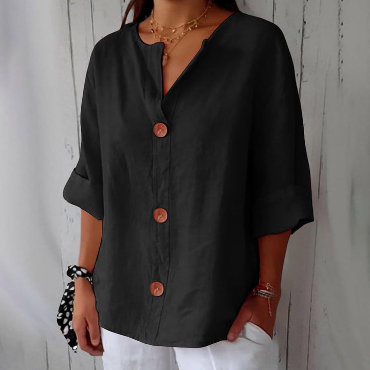 Blouse Gretel en lin beige boutonnée col tunisien
