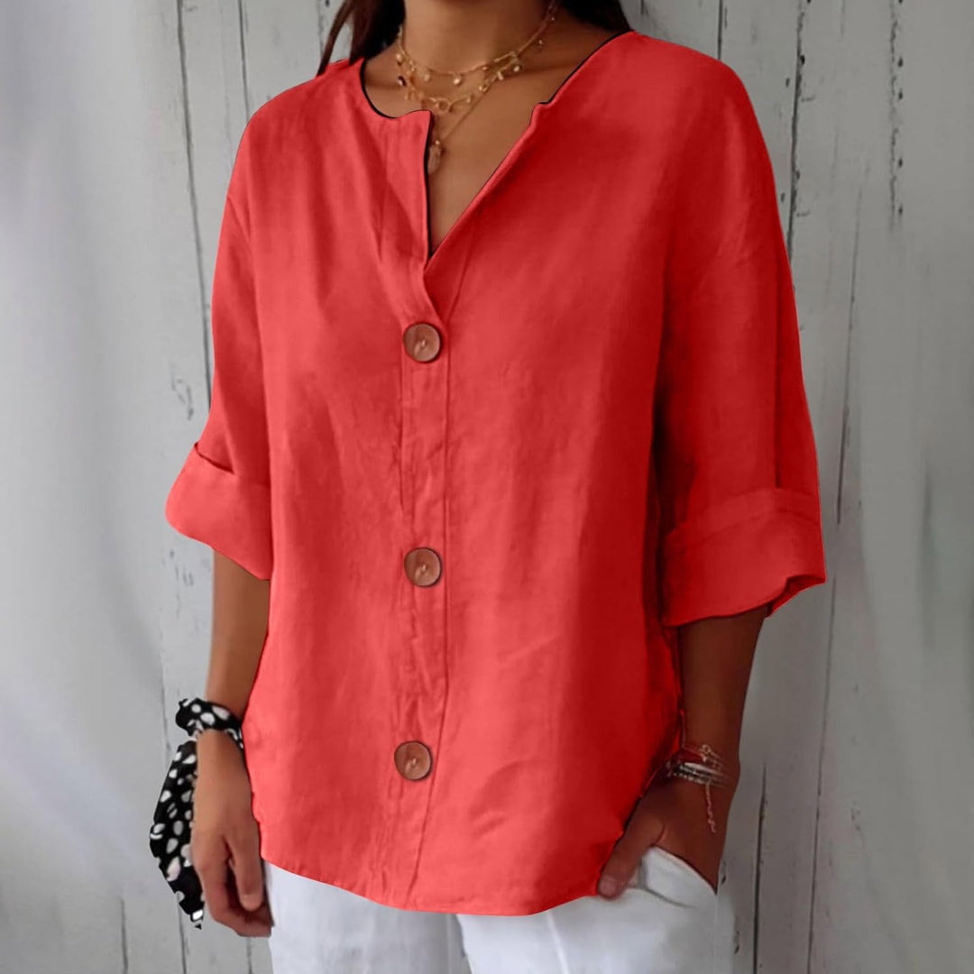 Blouse Gretel en lin beige boutonnée col tunisien