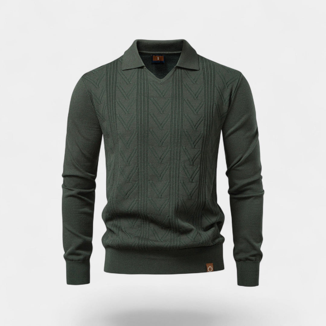 Polo homme jacquard maille col V – torsades classiques