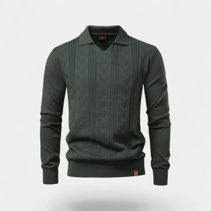 Polo homme jacquard maille col V – torsades classiques