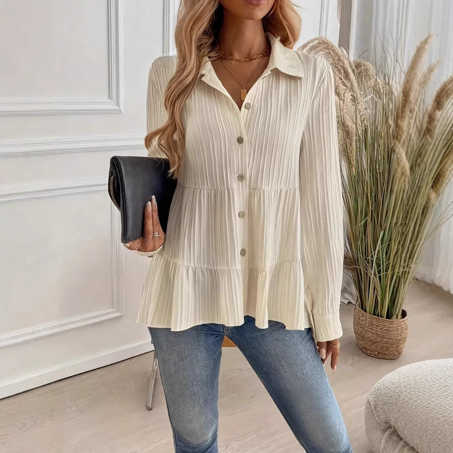 Femme Chemisier à Coupe Décontractée – Chemise à Manches Longues en Mélange de Coton Doux