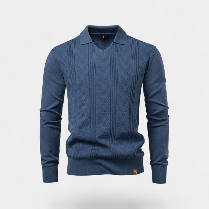 Polo homme jacquard maille col V – torsades classiques