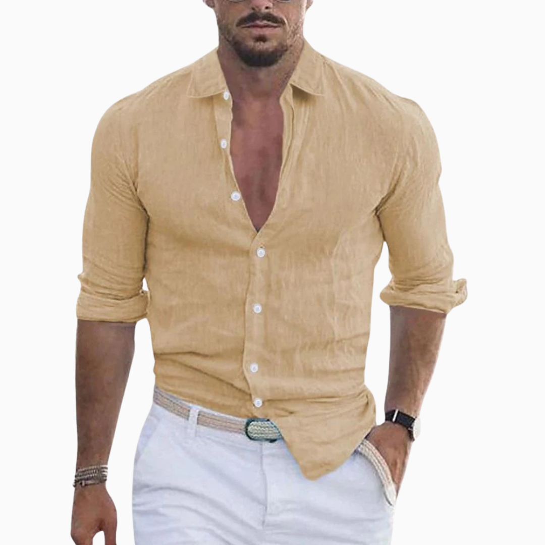 Alessio chemise homme en lin manches longues col ouvert style casual
