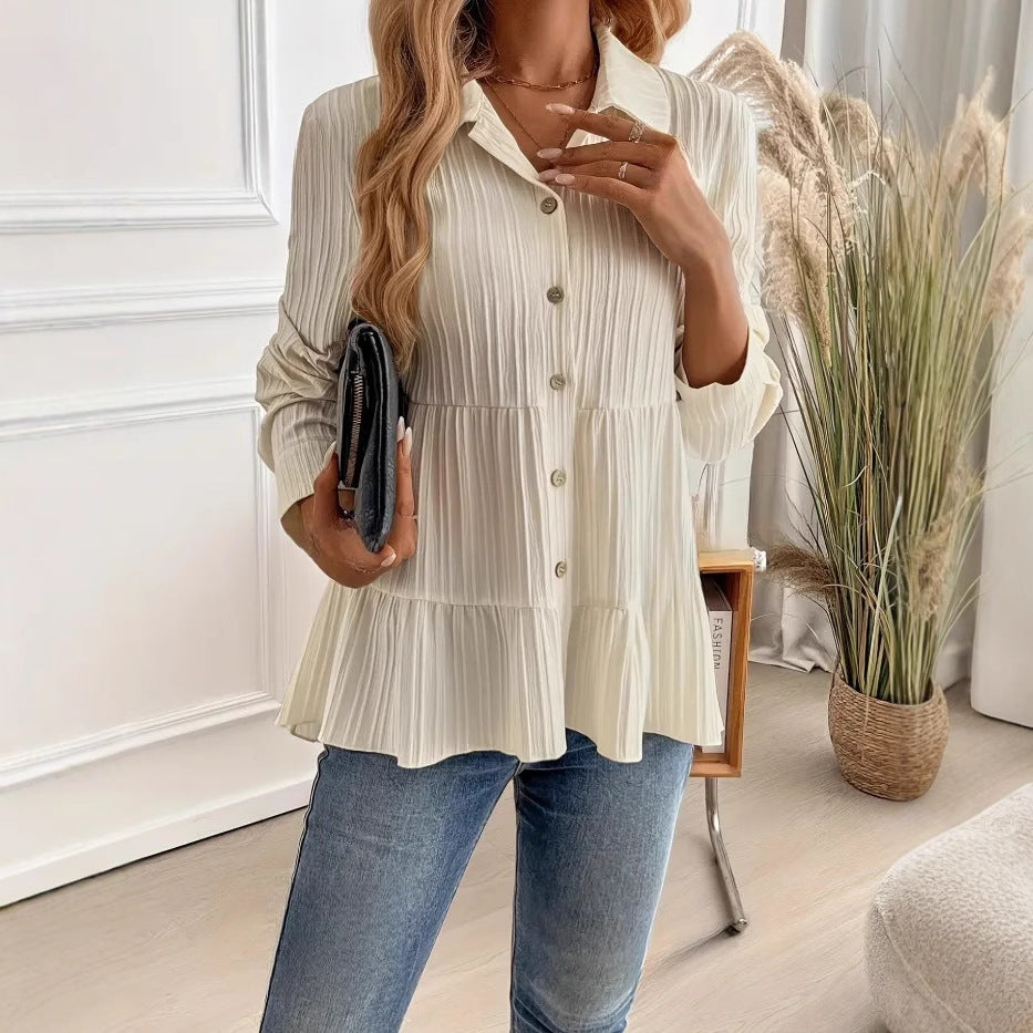 Femme Chemisier à Coupe Décontractée – Chemise à Manches Longues en Mélange de Coton Doux