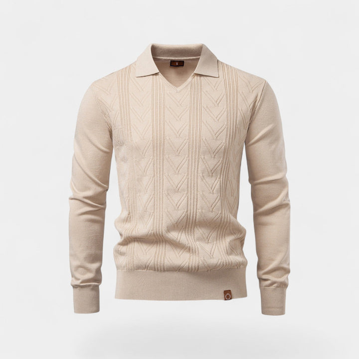 Polo homme jacquard maille col V – torsades classiques