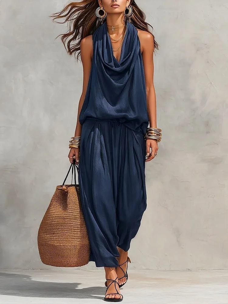 Chloé | Ensemble Top Halter et Pantalon Large Plissé
