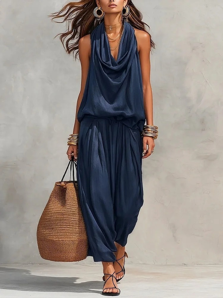 Chloé | Ensemble Top Halter et Pantalon Large Plissé
