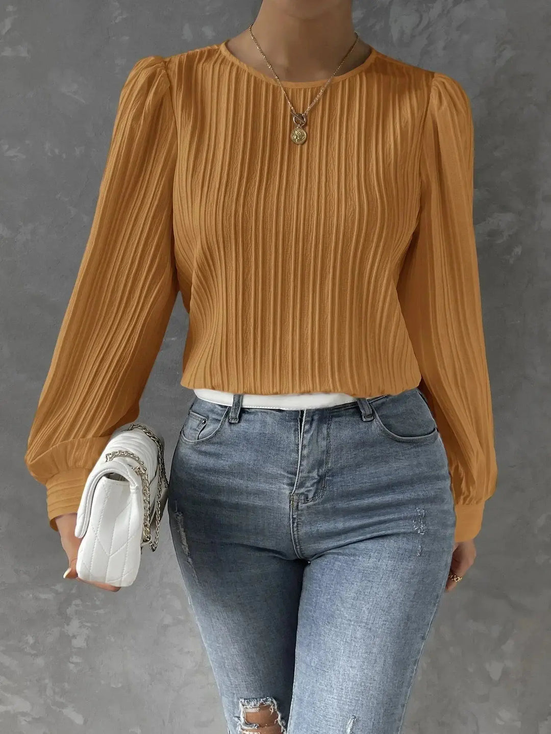 Chemisier Texturé Femme à Col Rond – Haut Élégant Décontracté à Manches Bouffantes