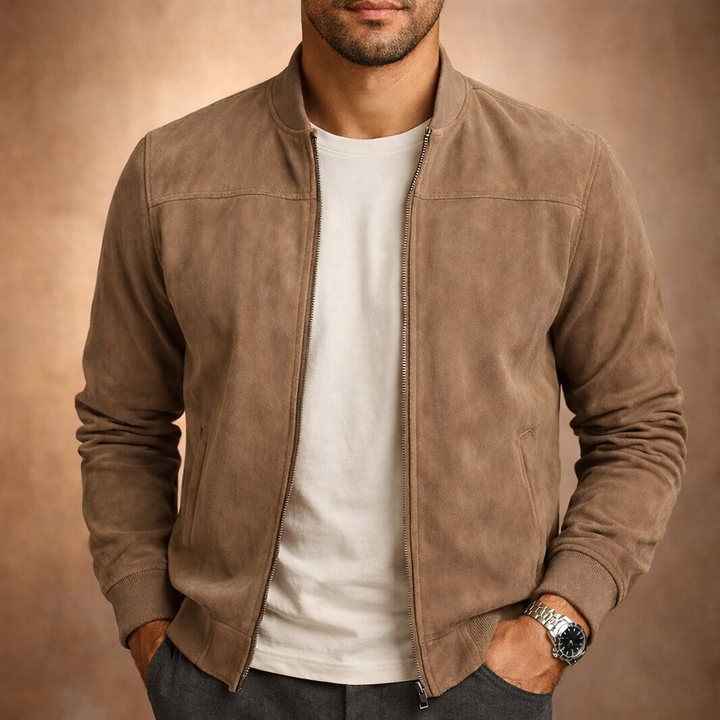 Veste Bomber Homme Effet Suédé – Fermeture Zippée Coupe Structurée Col Côtelé