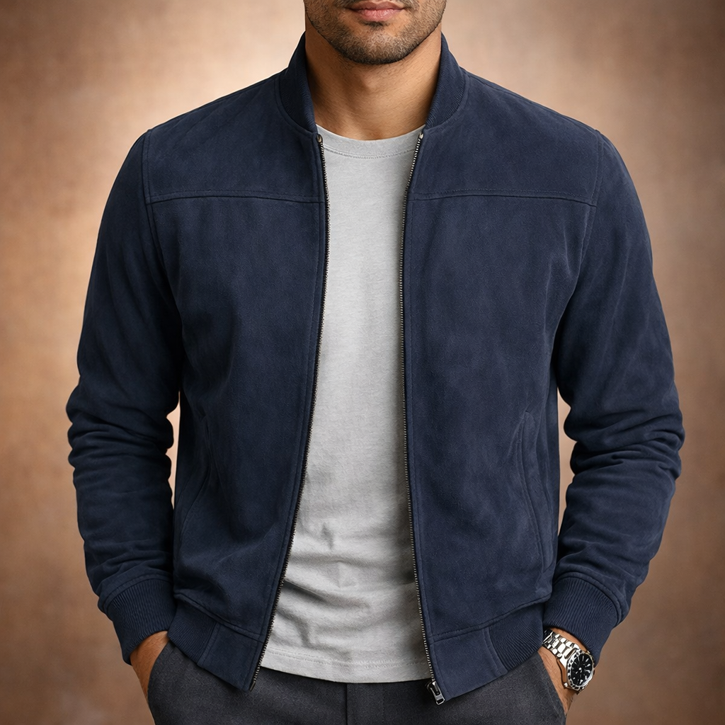 Veste Bomber Homme Effet Suédé – Fermeture Zippée Coupe Structurée Col Côtelé