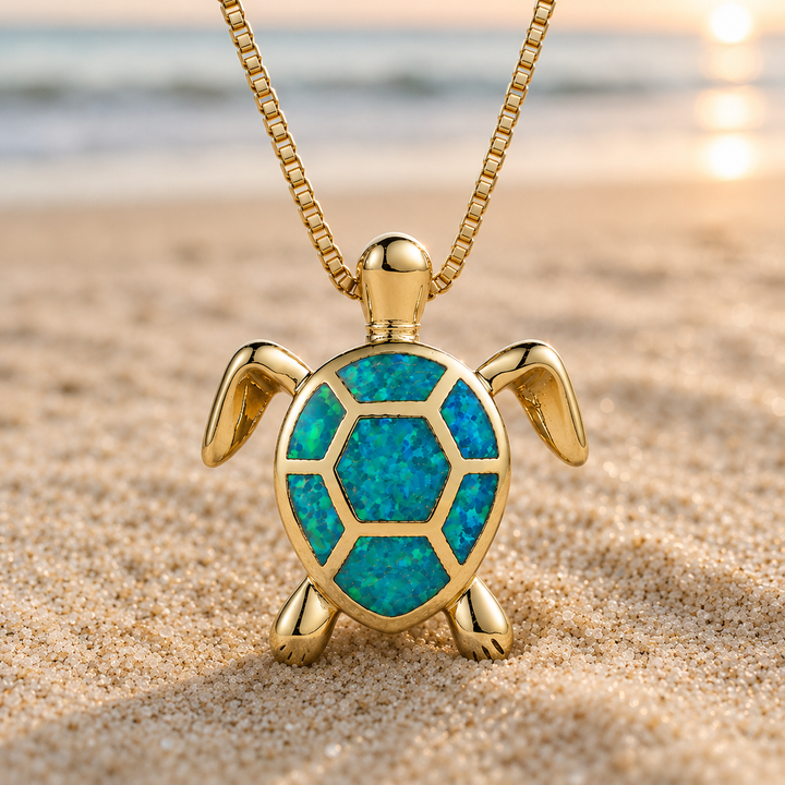 Collier Pendentif Tortue en Opale de Feu Verte Vintage