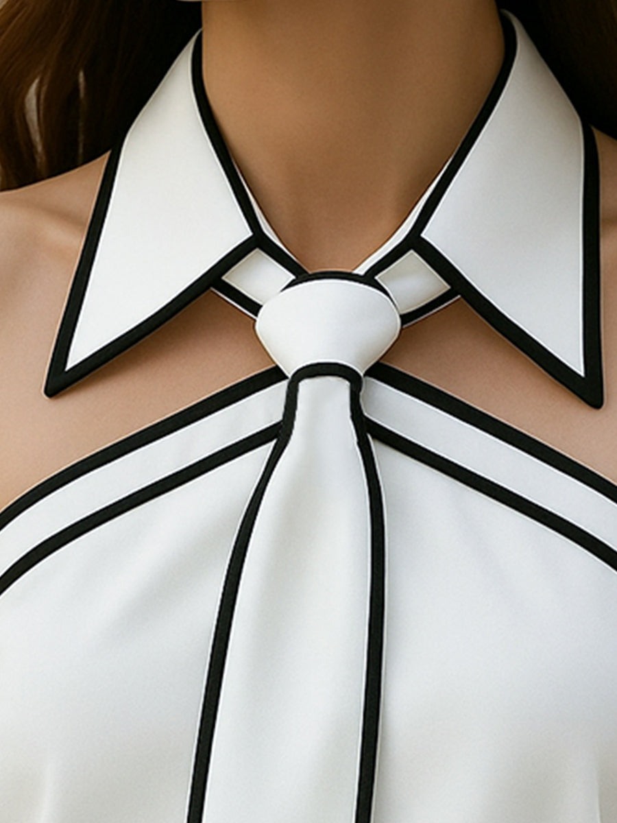 Blouse Blanche Sans Manches à Col Halter – Haut Habillé à Finitions Contrastées