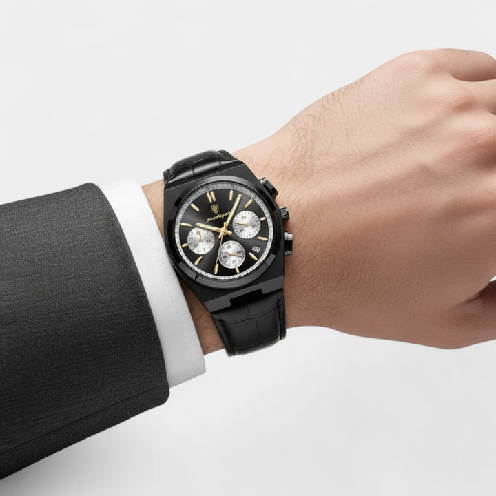 Montre pour Homme en Cuir Noir – Quartz 41 mm Multi-Fonction