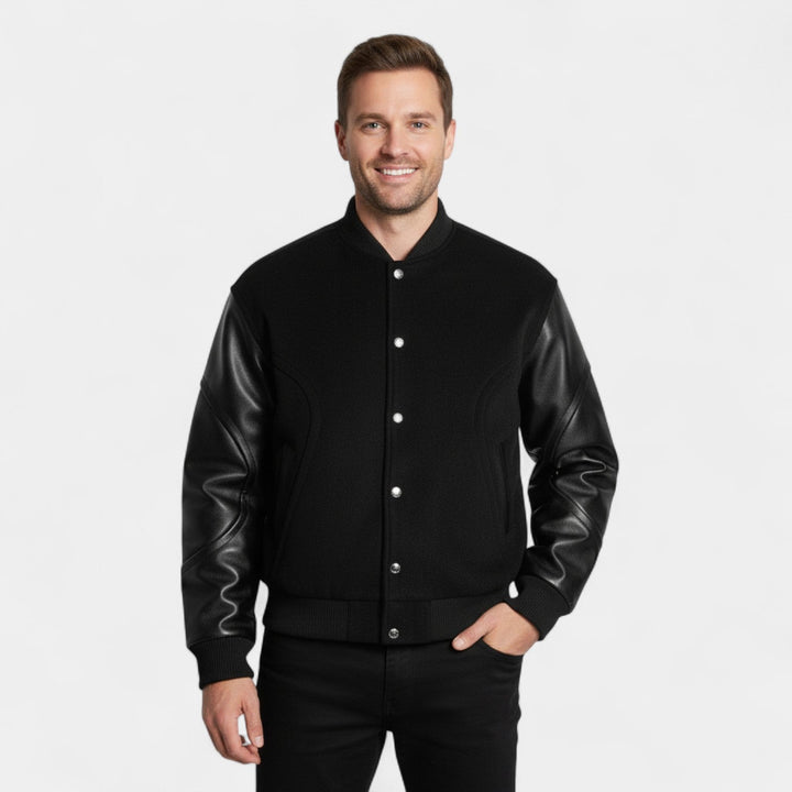 Blouson Bomber Homme Laine &amp; Cuir – Élégance Raffinée