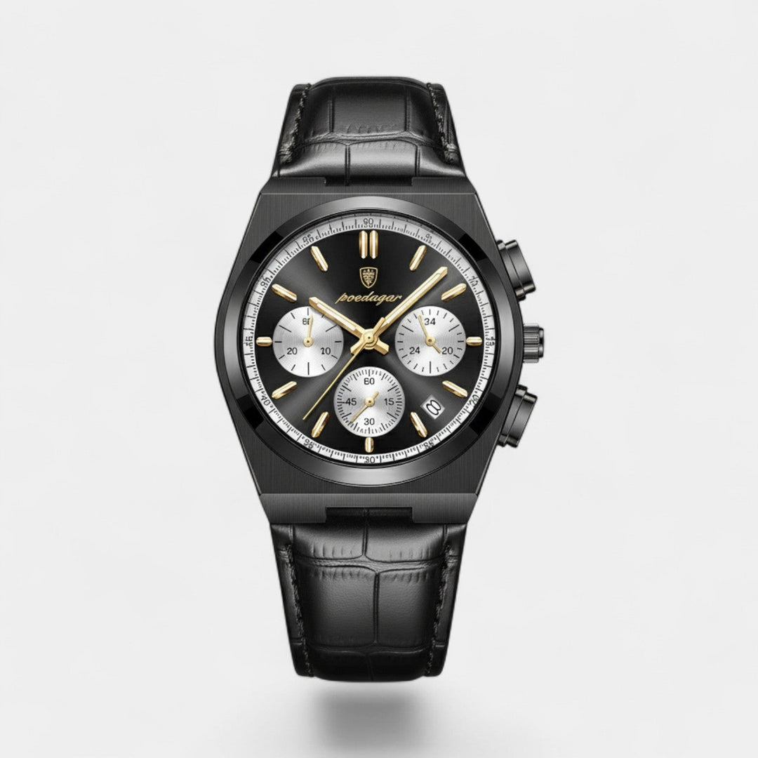 Montre pour Homme en Cuir Noir – Quartz 41 mm Multi-Fonction