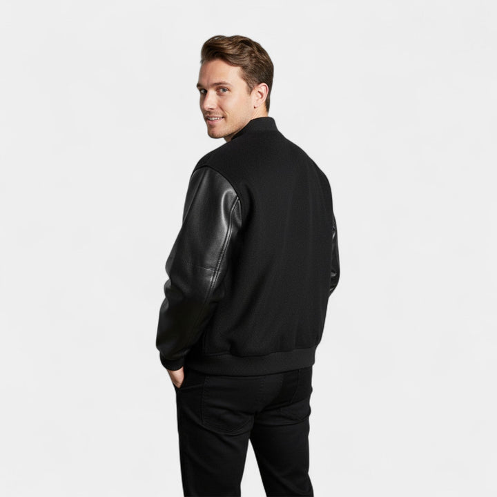Blouson Bomber Homme Laine &amp; Cuir – Élégance Raffinée