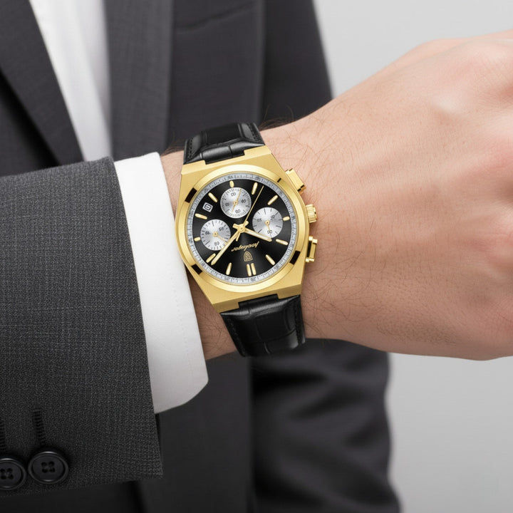 Montre pour Homme en Cuir Noir – Quartz 41 mm Multi-Fonction